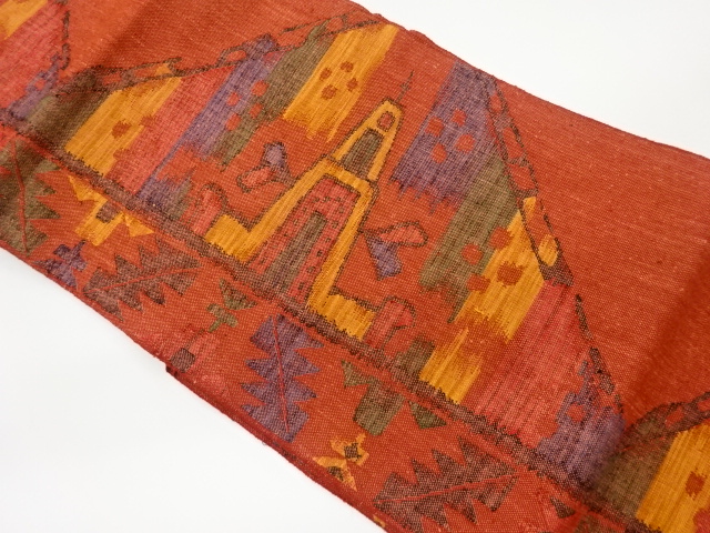 リサイクル　手織り紬抽象幾何学模様織出し名古屋帯